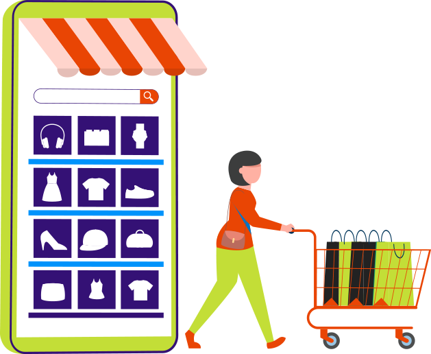 A cartoon person walking away from an online store with a full cart