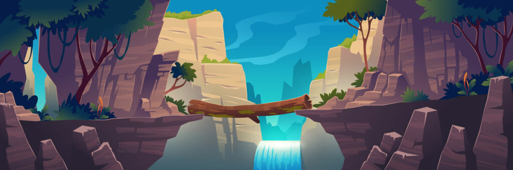 An illustrated vector of a serene, lush jungle scene. In the foreground, two cliffs are bridged together by a mossy log. In the background, you can see more mountains being split by a waterfall against a blue sky.