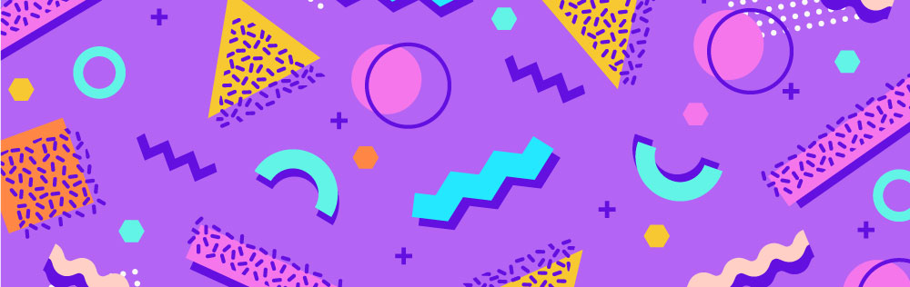 Memphis design: a pastel purple background covered in brightly colored abstract shakes such as thick cyan squiggles with dark purple drop-shadows, yellow triangles with halftone shading, random white halftone blocks, and pink circles covered in purple outlines