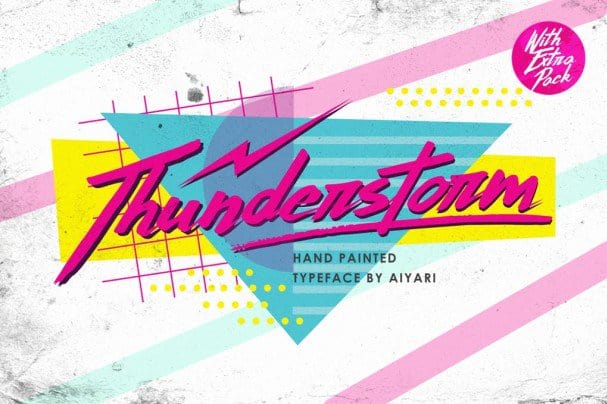 The word "Thunderstorm" written in the Thunderstorm font, a hyper cursive font with jagged edges against a busy, memphis-style background. A lightning bold is etched over the top of "Thunder." Caption: Hand painted typeface by Aiyari