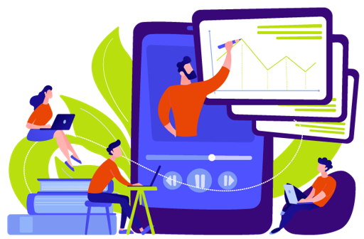 Cartoon of four web professionals drawing graphs and testing a website on a mobile device.