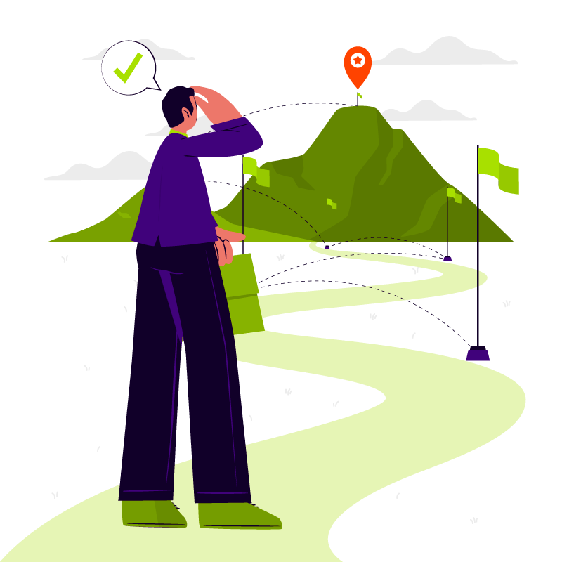 (vector art) A business person standing in front of a mountain with check points marking the path