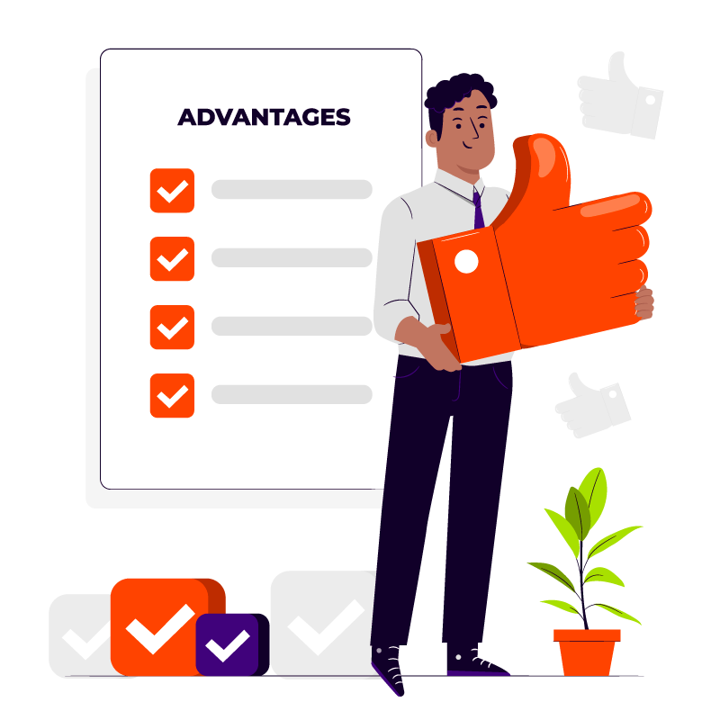 (vector art) A person standing next to a life-sized document that says "Advantages" while holding a very large thumb's up